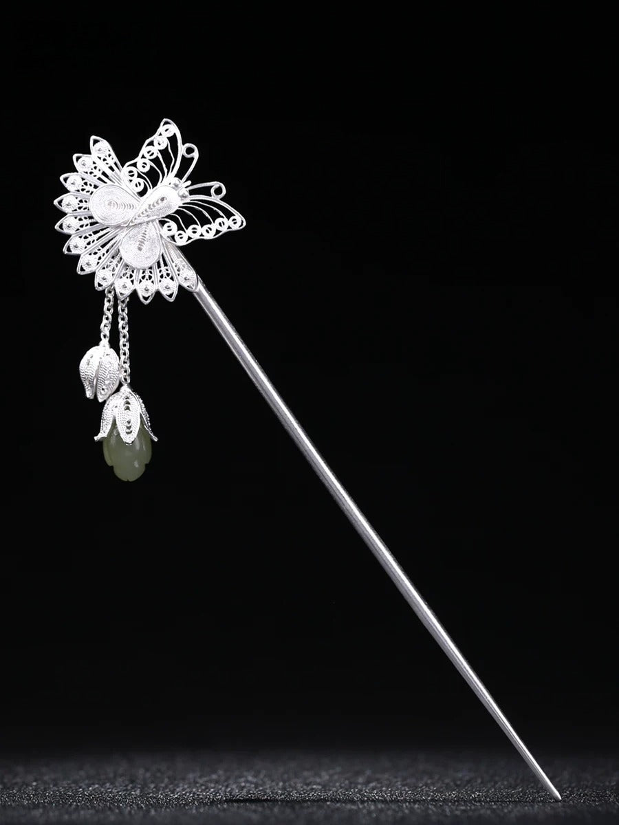 Silver Filigree Butterfly Hair Stick, front view