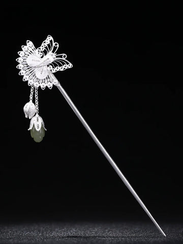 Silver Filigree Butterfly Hair Stick, front view