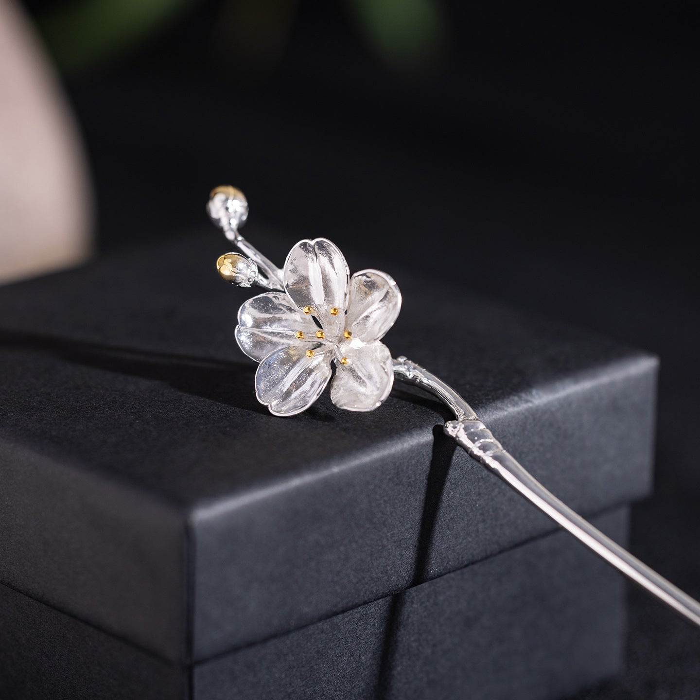 S925 Silver Begonia Hairpin, front view