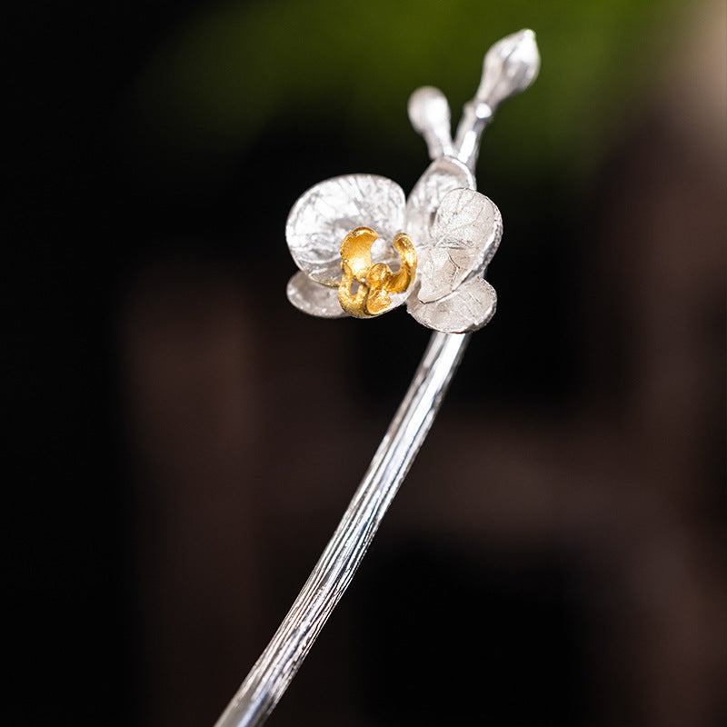 Butterfly Orchid Silver Hair Stick, detail view 1