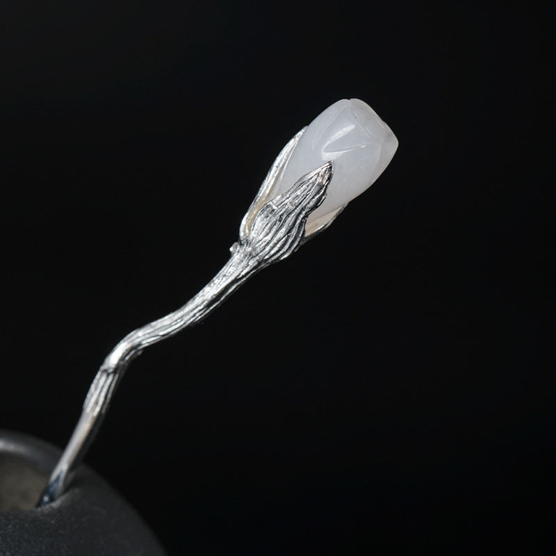 White Jade Magnolia Hair Stick in S925 Silver, detail view 1