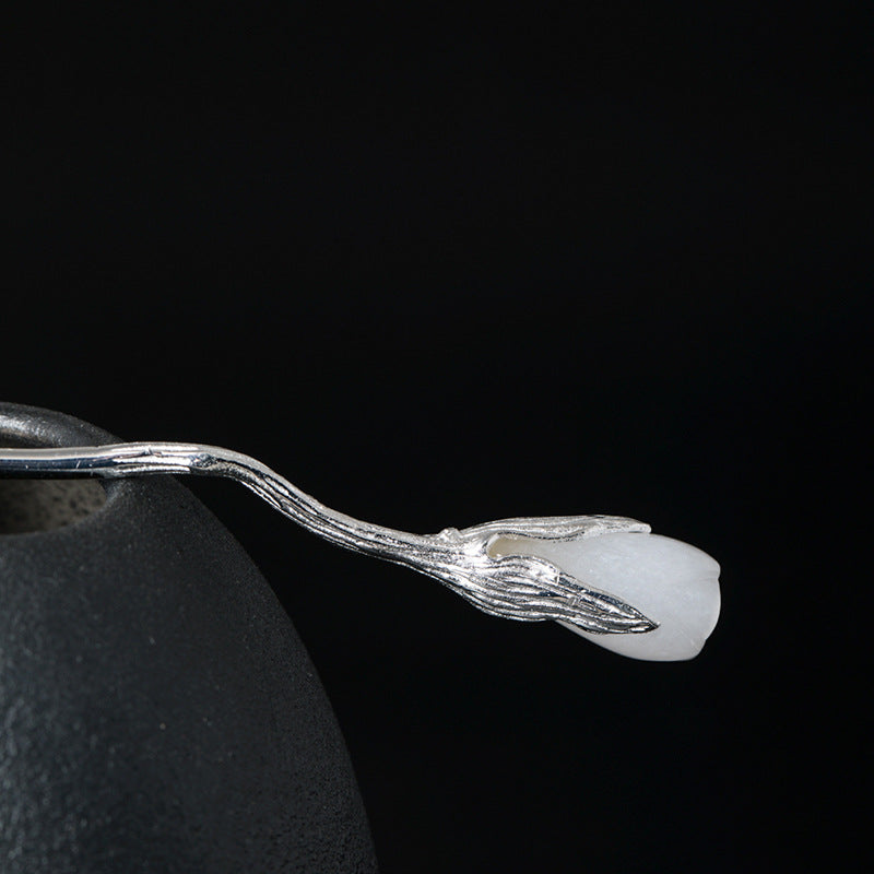White Jade Magnolia Hair Stick in S925 Silver, detail view 2