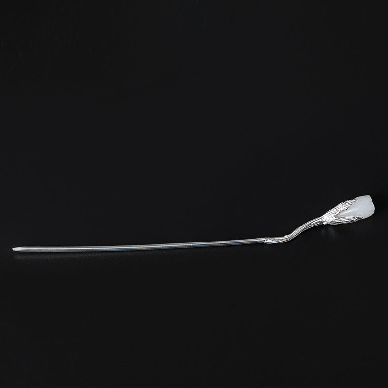 White Jade Magnolia Hair Stick in S925 Silver, detail view 3