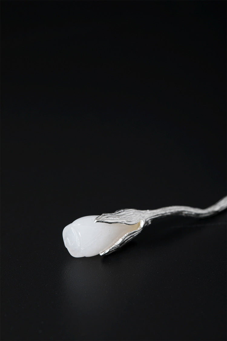 White Jade Magnolia Hair Stick in S925 Silver, detail view 9