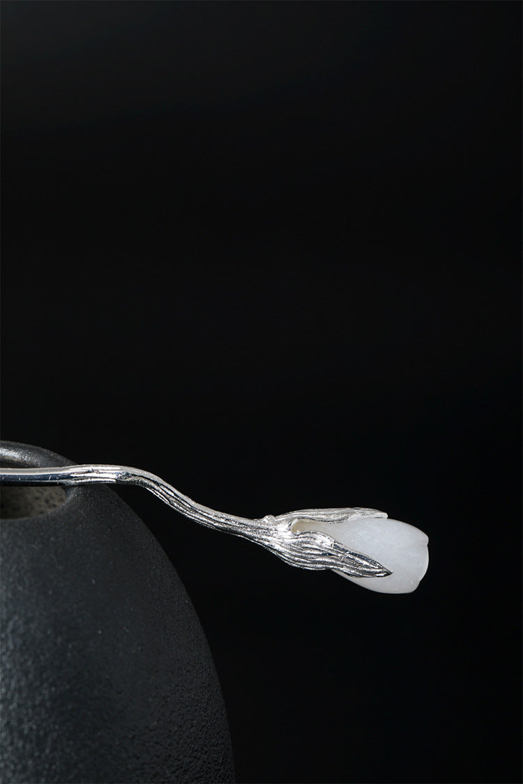 White Jade Magnolia Hair Stick in S925 Silver, detail view 10