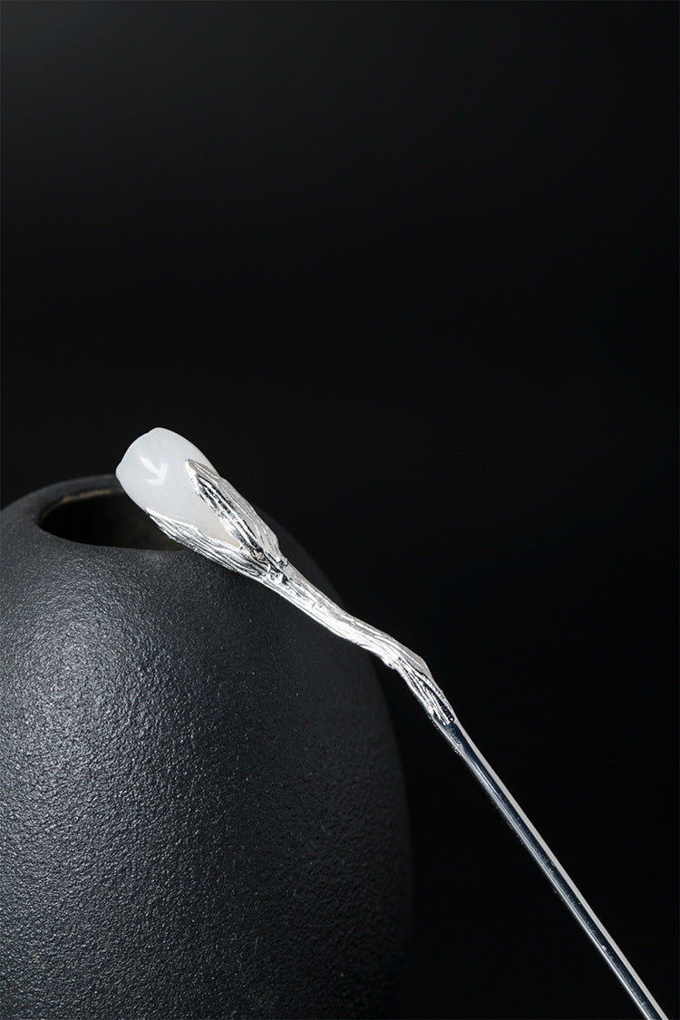 White Jade Magnolia Hair Stick in S925 Silver, detail view 11