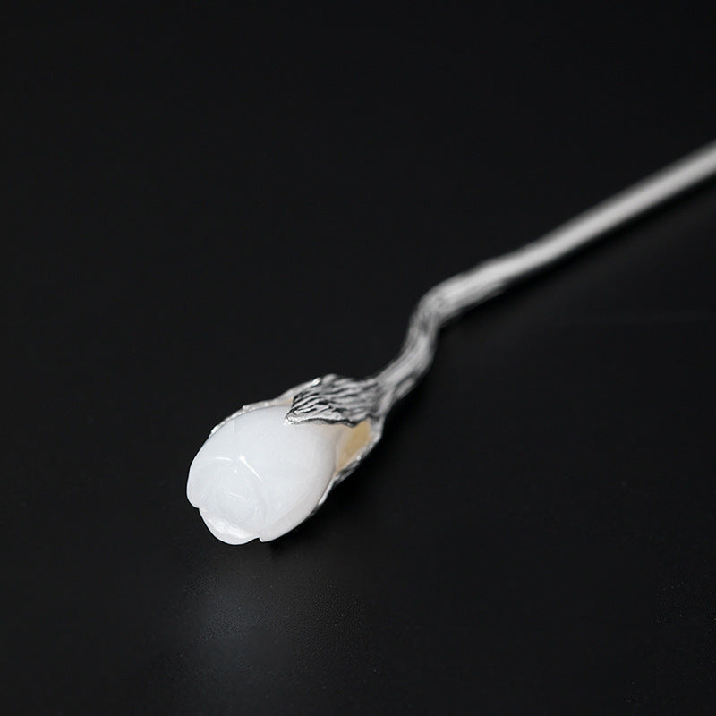 White Jade Magnolia Hair Stick in S925 Silver, front view