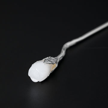 White Jade Magnolia Hair Stick in S925 Silver, front view