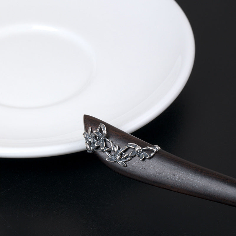 S925 Silver Orchid Wood Hair Stick, detail view 2