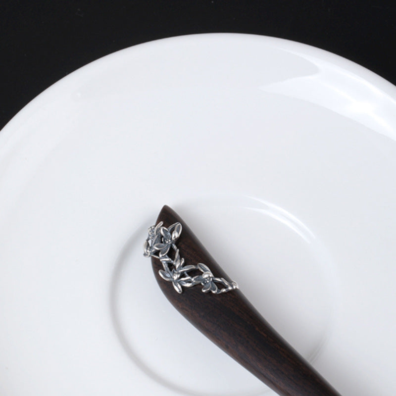 S925 Silver Orchid Wood Hair Stick, detail view 3
