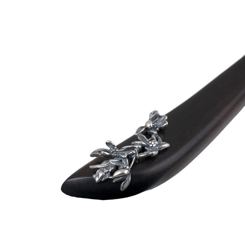 S925 Silver Orchid Wood Hair Stick, detail view 4