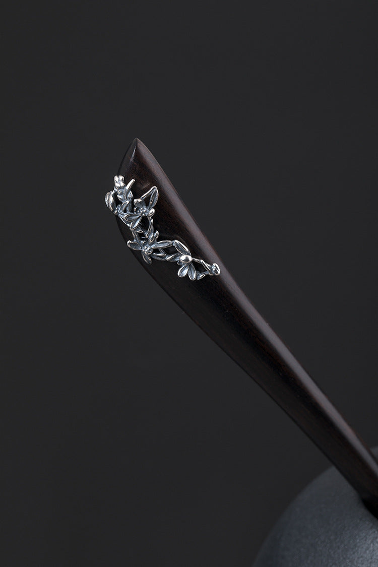 S925 Silver Orchid Wood Hair Stick, detail view 6