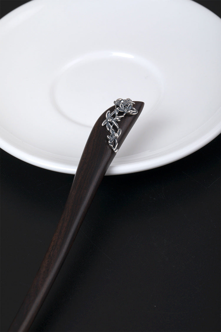 S925 Silver Orchid Wood Hair Stick, detail view 10