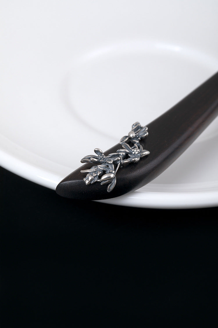 S925 Silver Orchid Wood Hair Stick, detail view 11