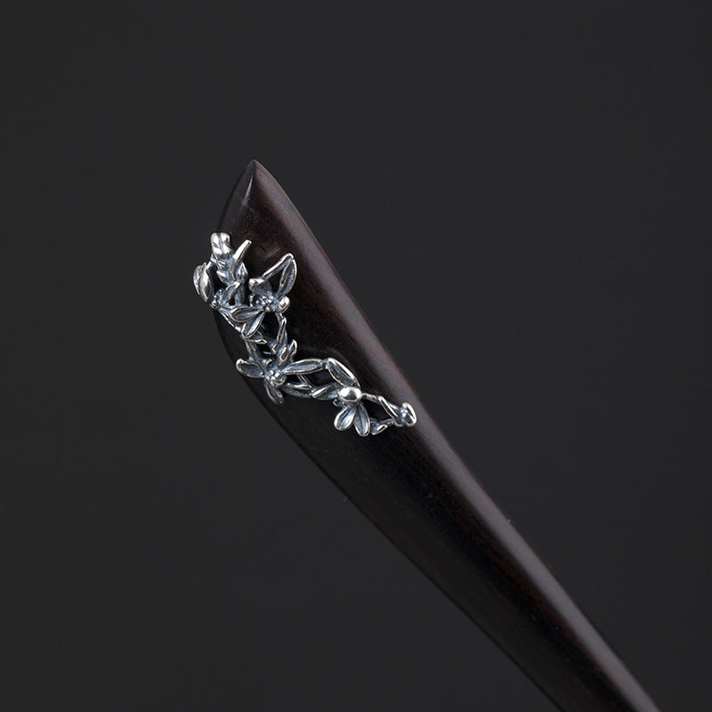 S925 Silver Orchid Wood Hair Stick, front view