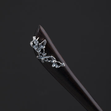 S925 Silver Orchid Wood Hair Stick, front view