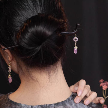 Handmade Wood Hair Stick with Purple Jade