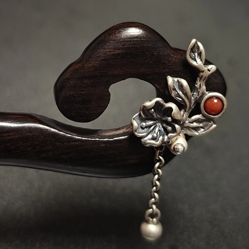 Handcrafted Wood Hair Stick with Silver Pendant