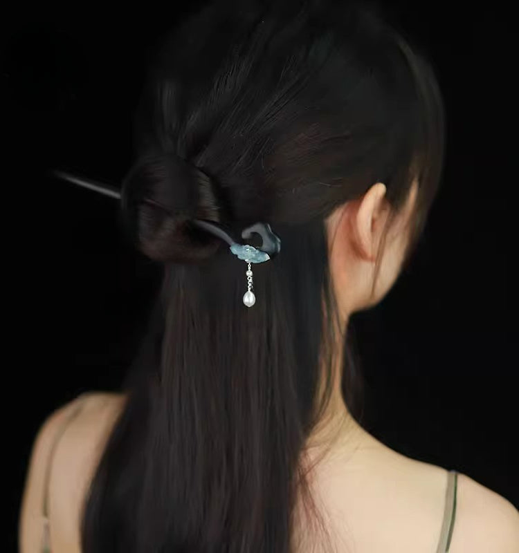 Wooden Hair Stick with Jade Lotus