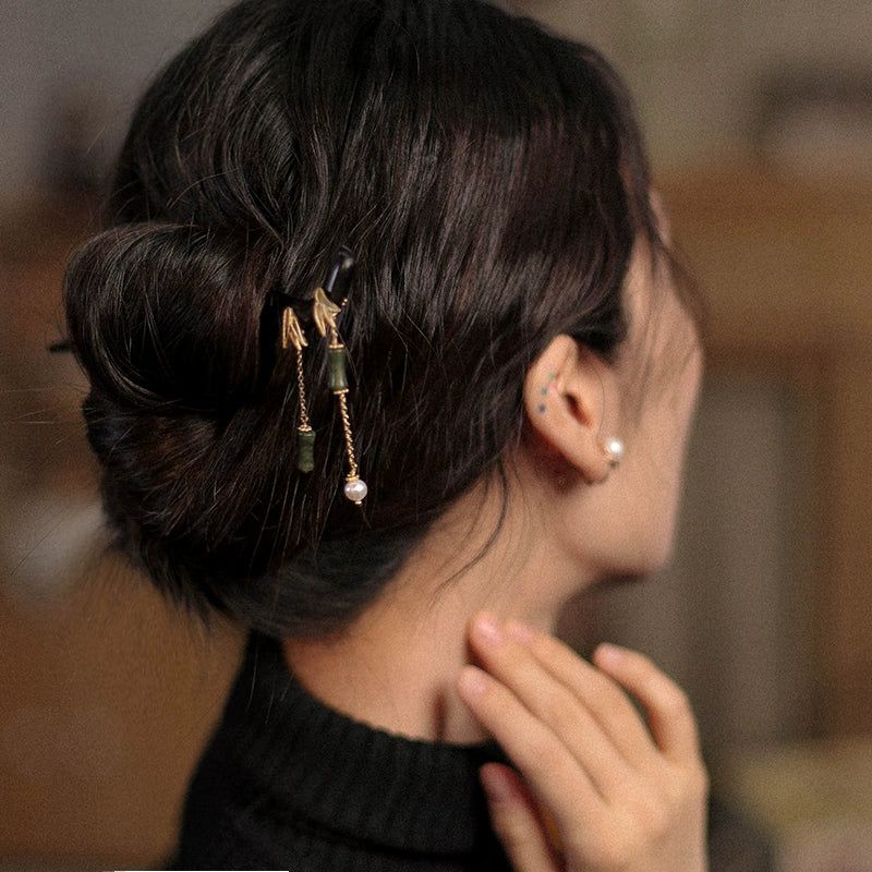 Handmade Sandalwood Hair Stick with Bamboo Leaf Tassel