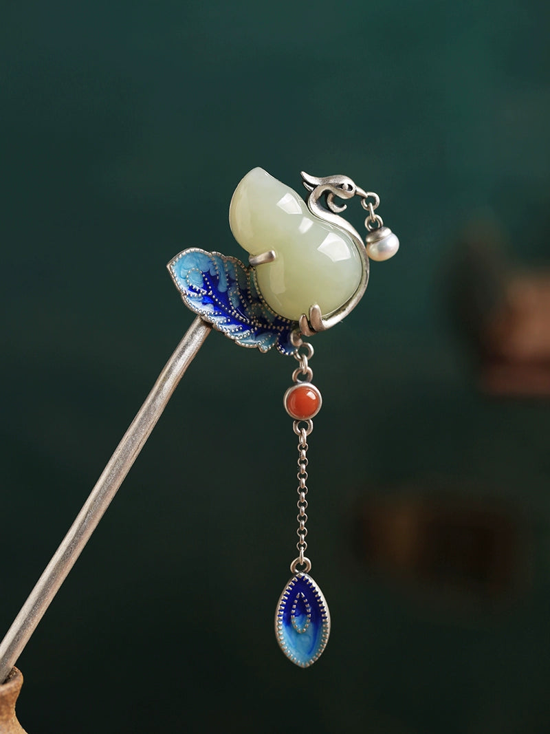 Peacock Hetian Jade Hair Stick with Natural Elements