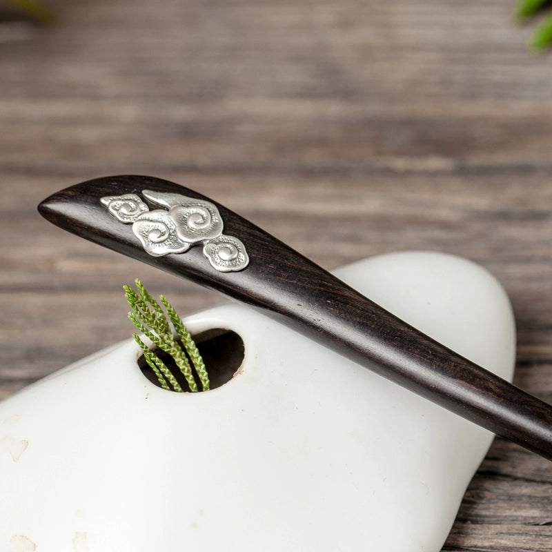 Handmade Ebony Wood Hair Stick with Silver