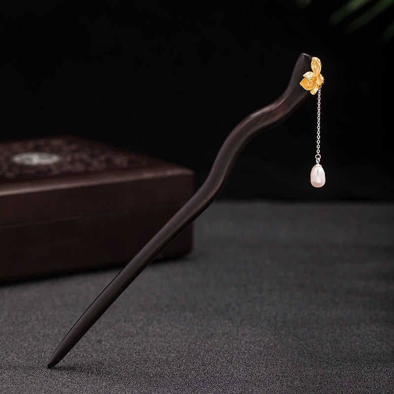 Wooden Hair Stick with Pearl Pendant