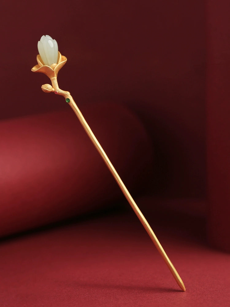 Tulip Silver Hairpin with Hetian Jade