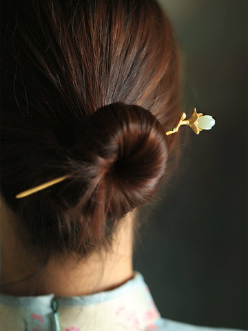 Tulip Silver Hairpin with Hetian Jade