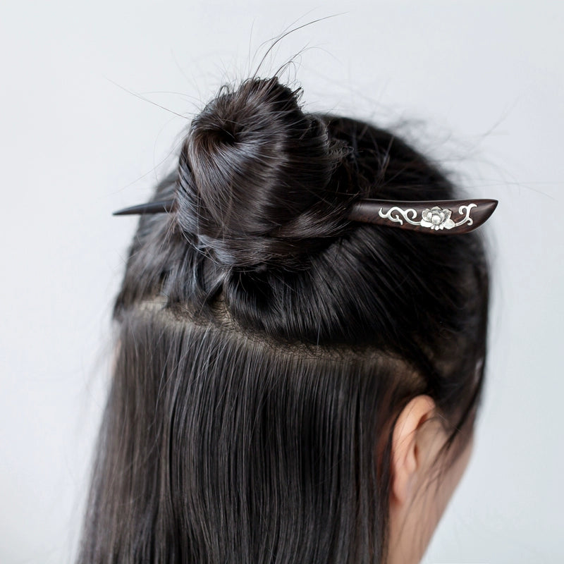 Wood Inlaid Silver Peony Hair Stick