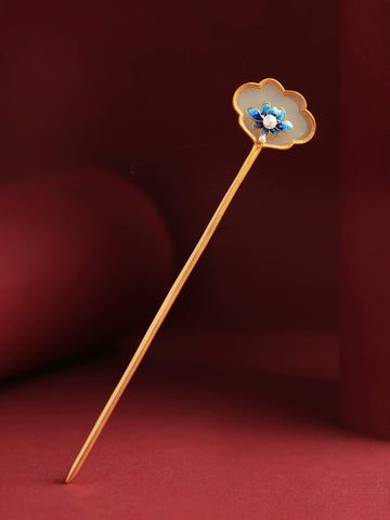 Lotus Leaf Silver Hairpin with Hetian Jade