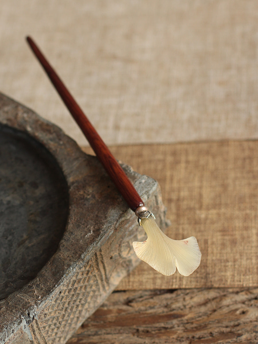 "Autumn Intentions" - Hand-Carved Hair Stick with Yellow Rosewood, 925 Silver, and White Yak Horn