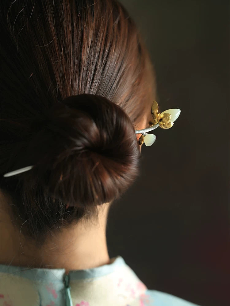 Hetian Jade Lotus Silver Hairpin