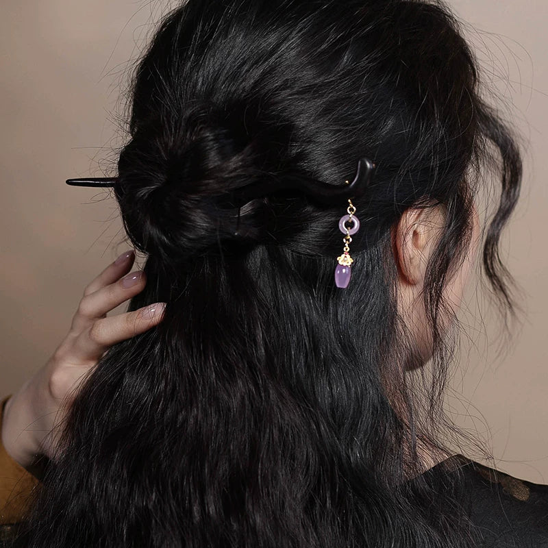 Handmade Wood Hair Stick with Purple Jade