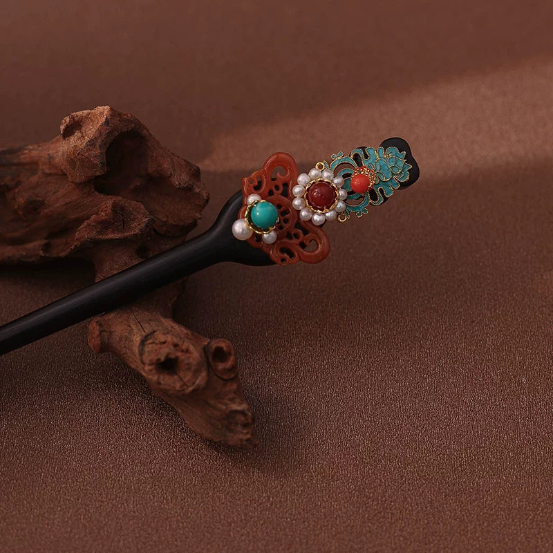 Black Sandalwood Hair Stick with Cloisonné and Gemstones