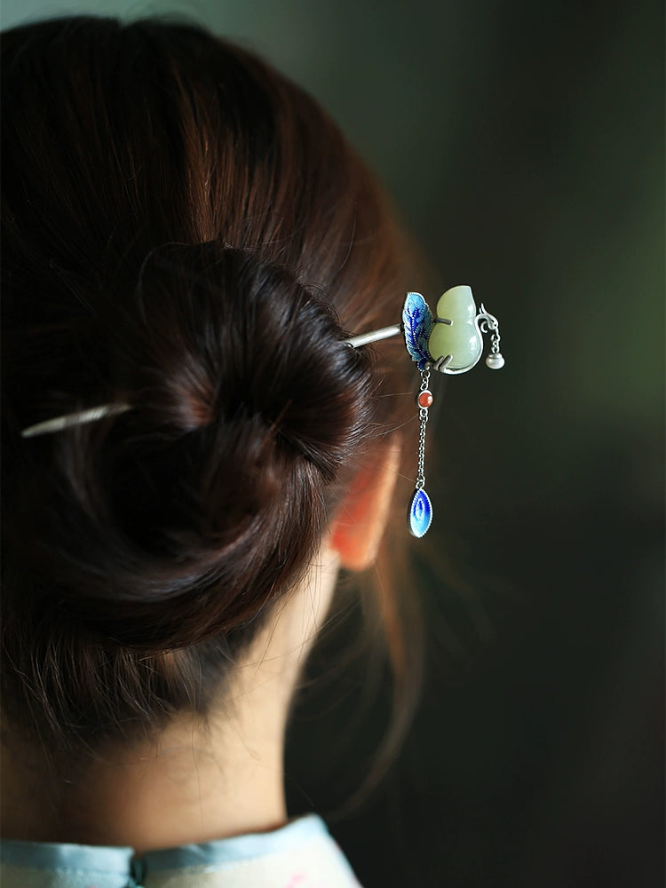 Peacock Hetian Jade Hair Stick with Natural Elements