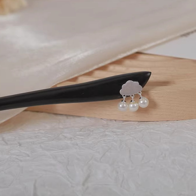 Black Sandalwood Hair Stick with Silver & Pearl