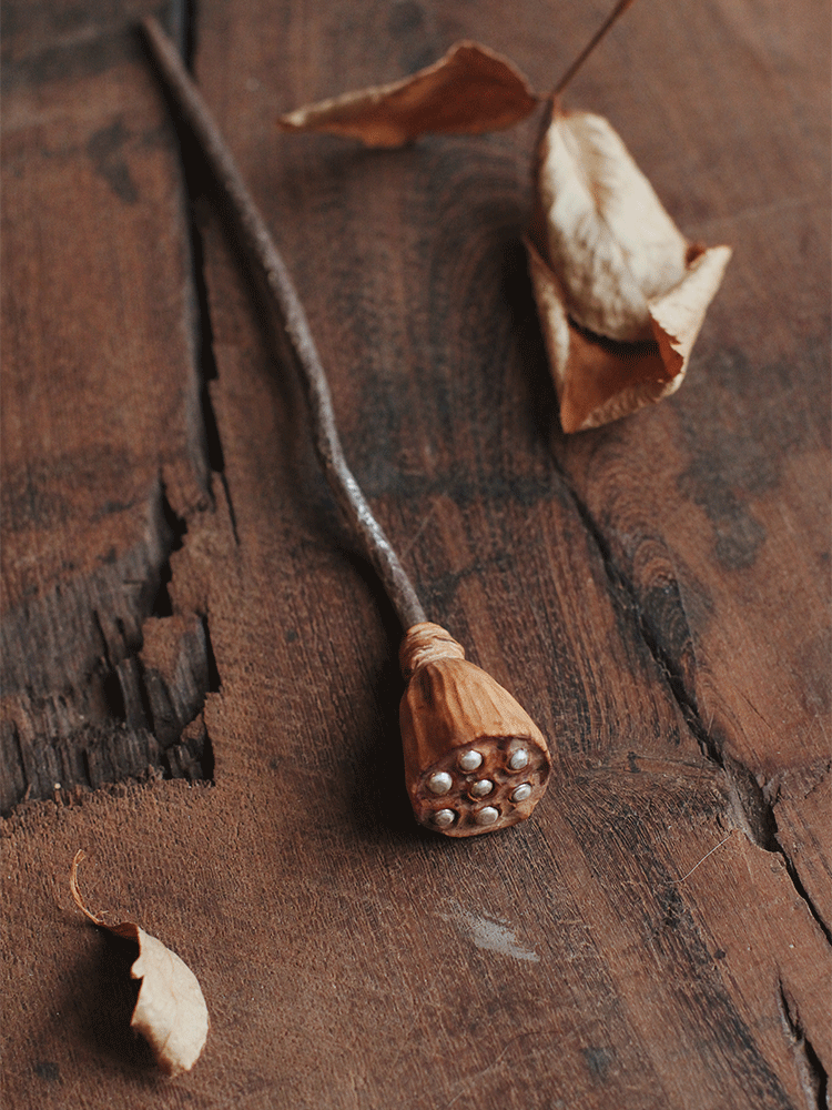 Handcrafted Hair Stick with Hammered Texture and Sandalwood Carving