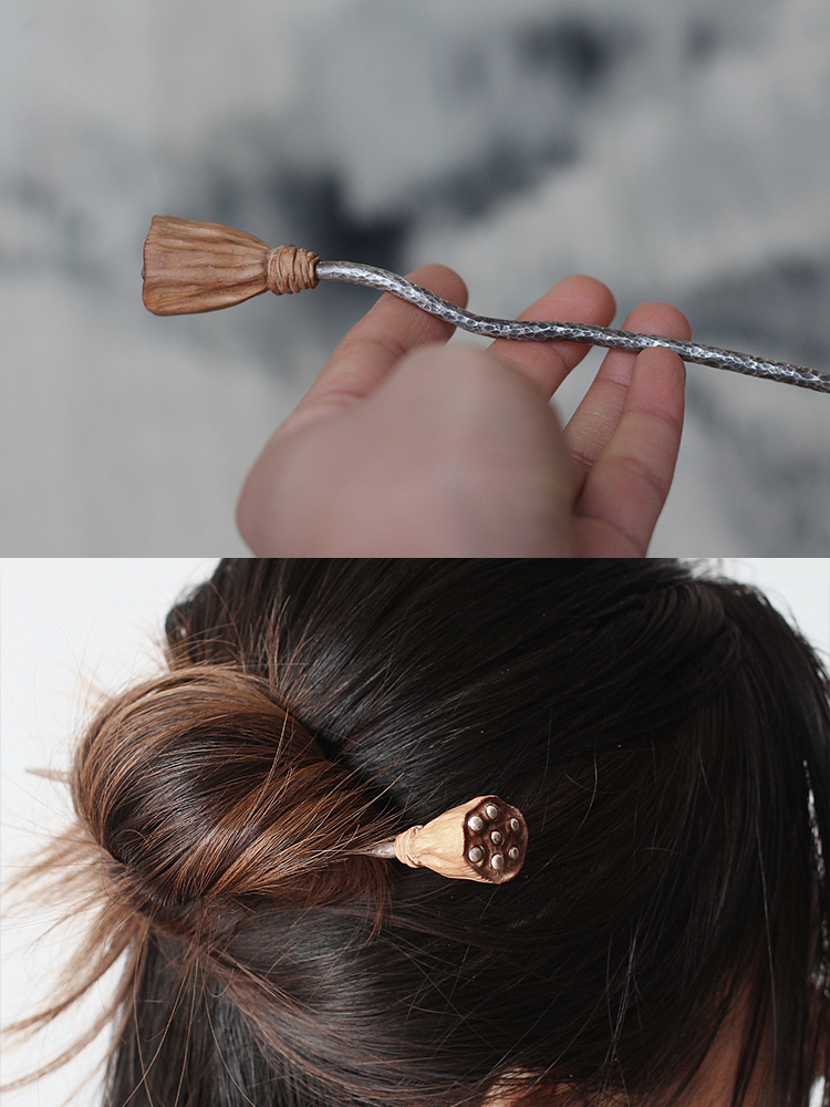 Handcrafted Hair Stick with Hammered Texture and Sandalwood Carving