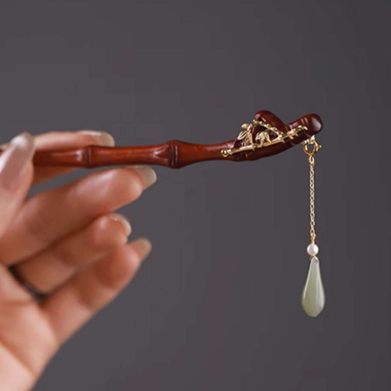 Rosewood Bamboo Hair Stick with Hetian Jade Pendant