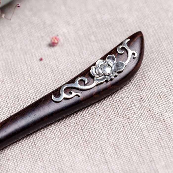 Wood Inlaid Silver Peony Hair Stick
