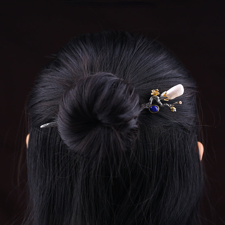 Handmade Silver Hair Stick with Baroque Pearls