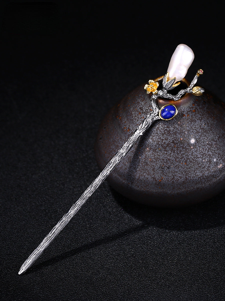 Handmade Silver Hair Stick with Baroque Pearls