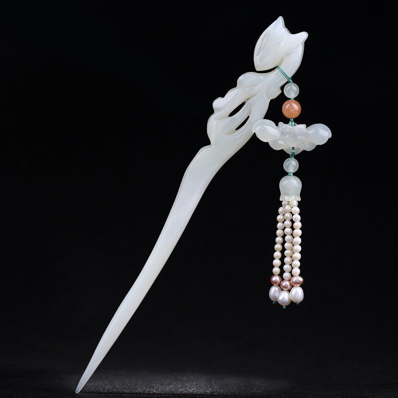 Handmade Xiuyu Jade Fox Hair Stick with Pearls Tassel