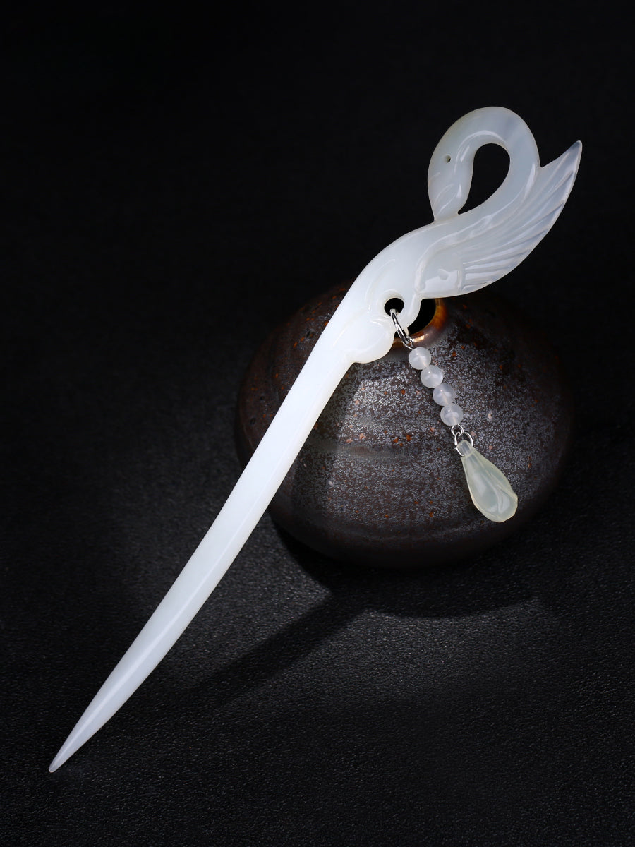 Handmade swan jade hair stick with dangle