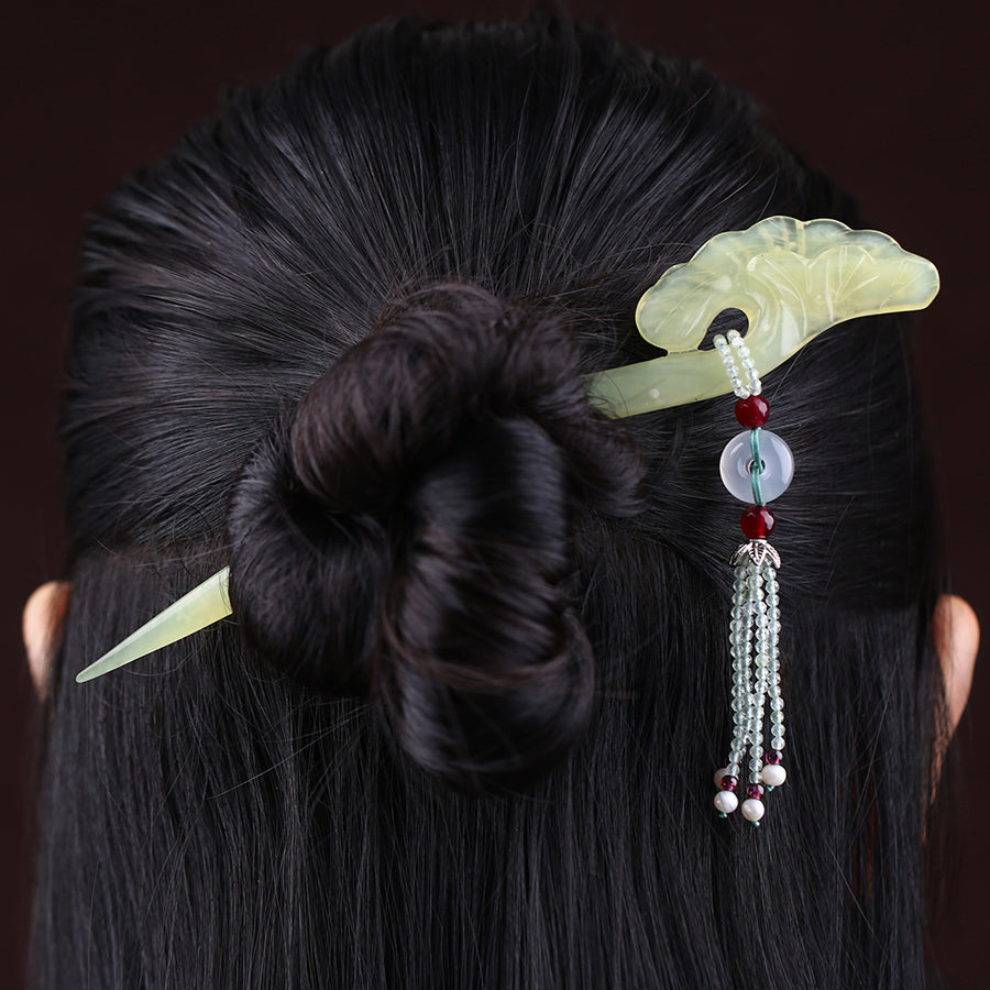 Handmade Xiuyan Jade Hair Stick  with Ping An Buckle