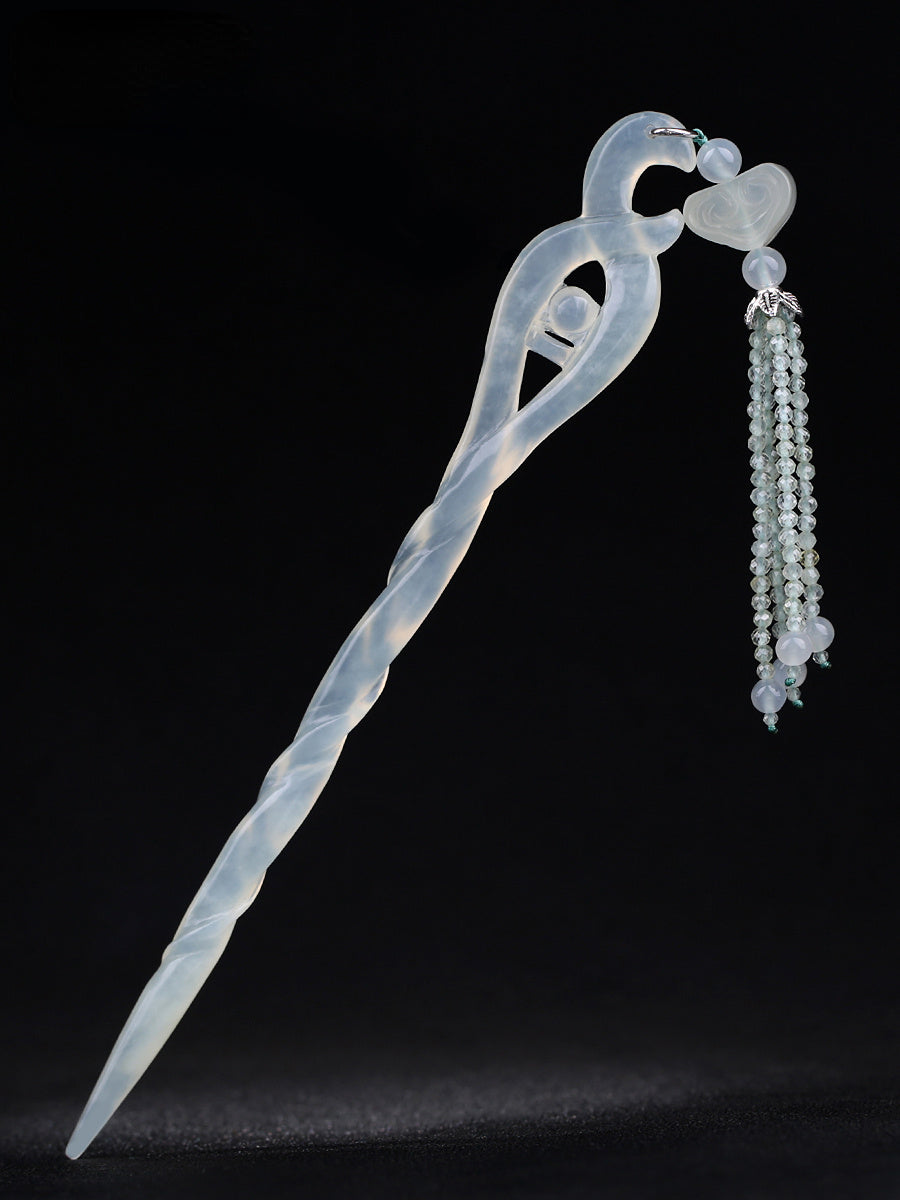 Handmade White Snake Hair Stick with Jade Tassels