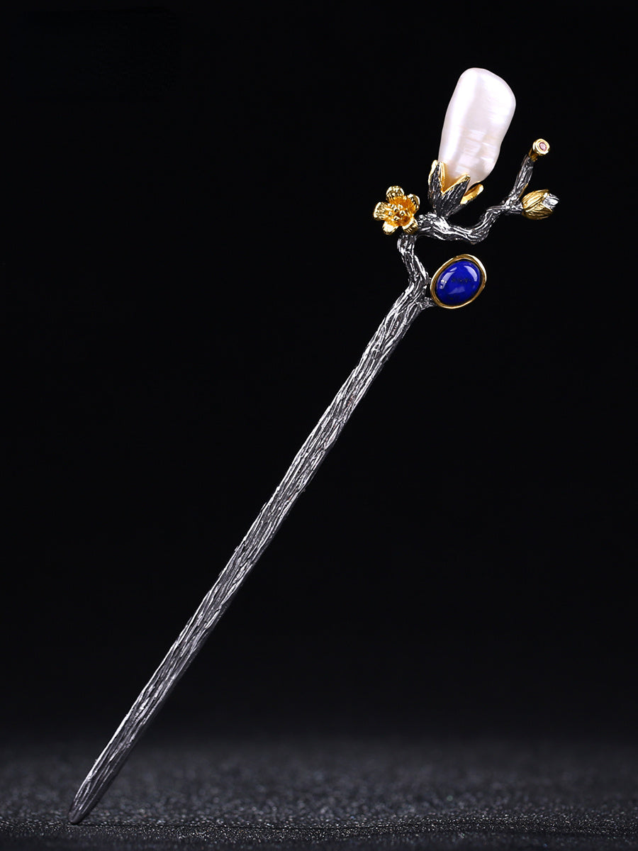 Handmade Silver Hair Stick with Baroque Pearls