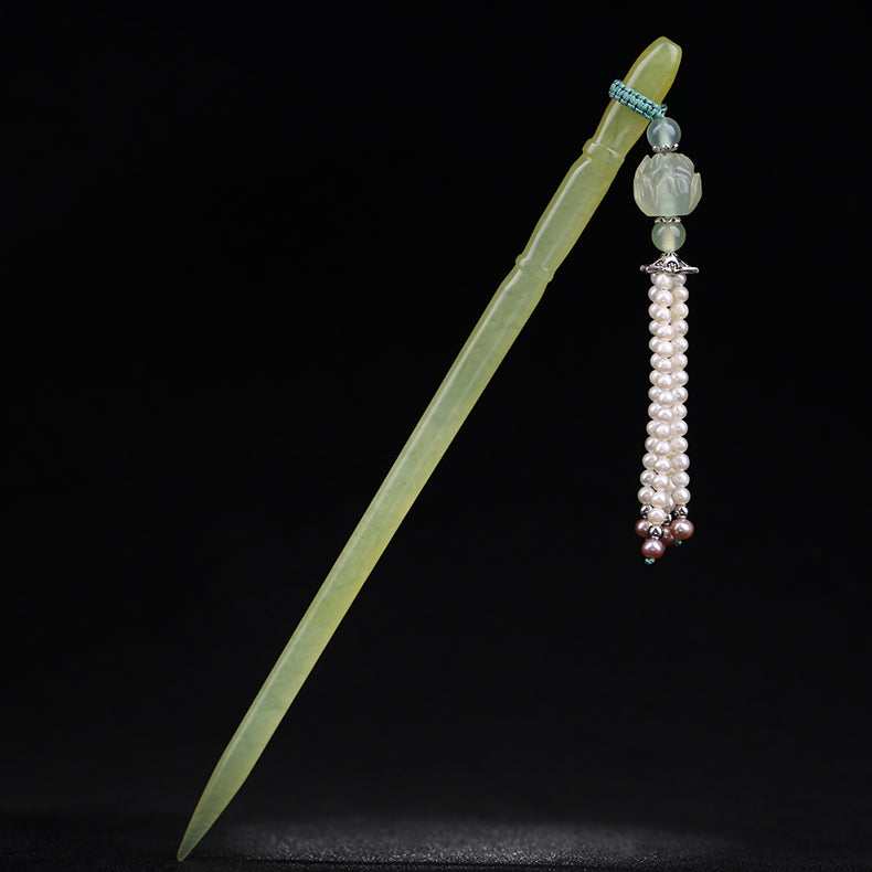 Handmade Xiuyan Jade Hair Stick with Pearl Tassels