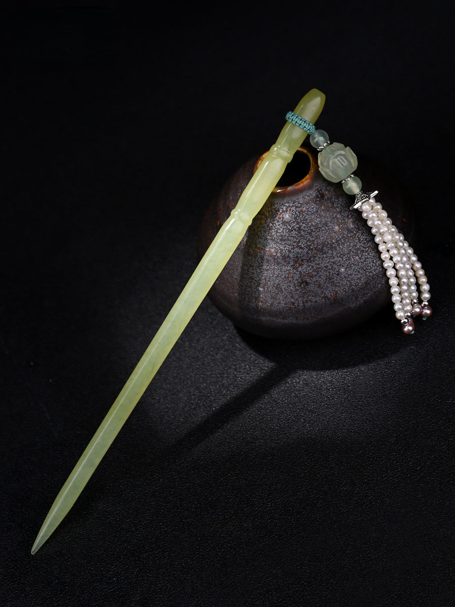 Handmade Xiuyan Jade Hair Stick with Pearl Tassels